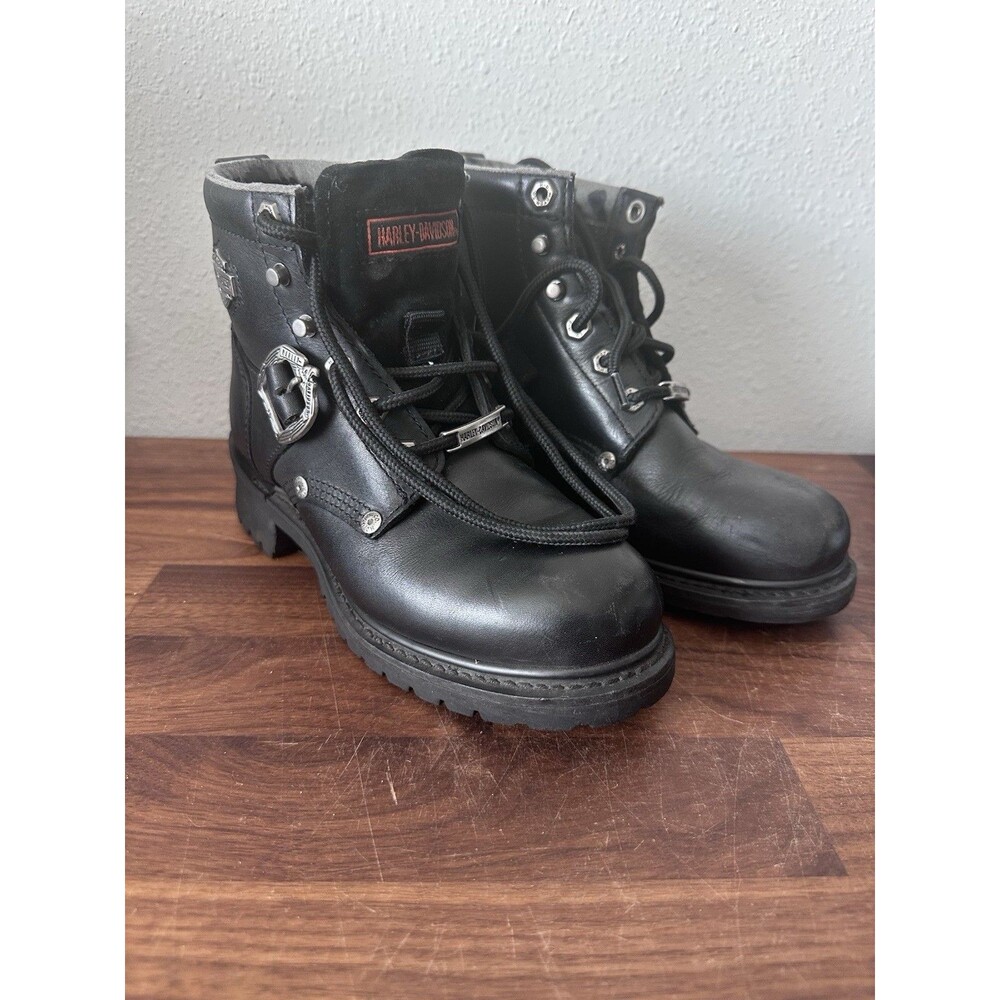 Harley-Davidson Black Leather Boots Women's US 6.5 Lace Up & Buckles